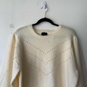 NWT Lumière Cream Off White Pearl Embroidered Puff Sleeve Sweater Size L